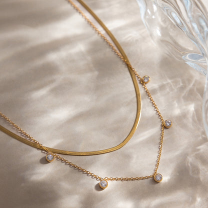 18K gold stainless steel double layer zircon snake chain necklace flat lay