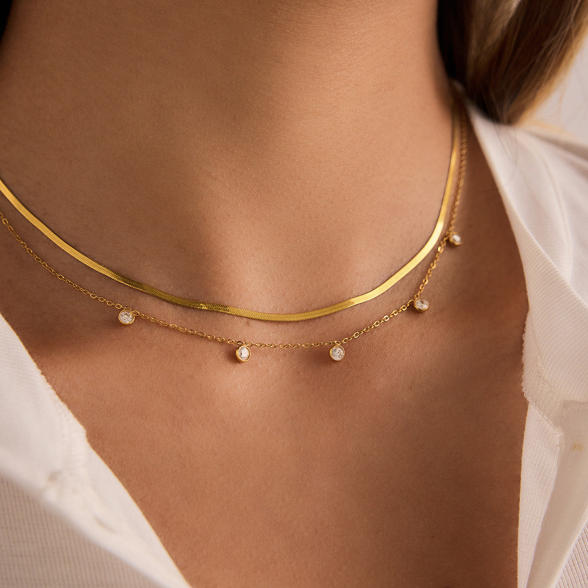 Model wearing double layer stainless steel zircon necklace