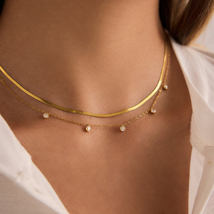 Model wearing double layer stainless steel zircon necklace