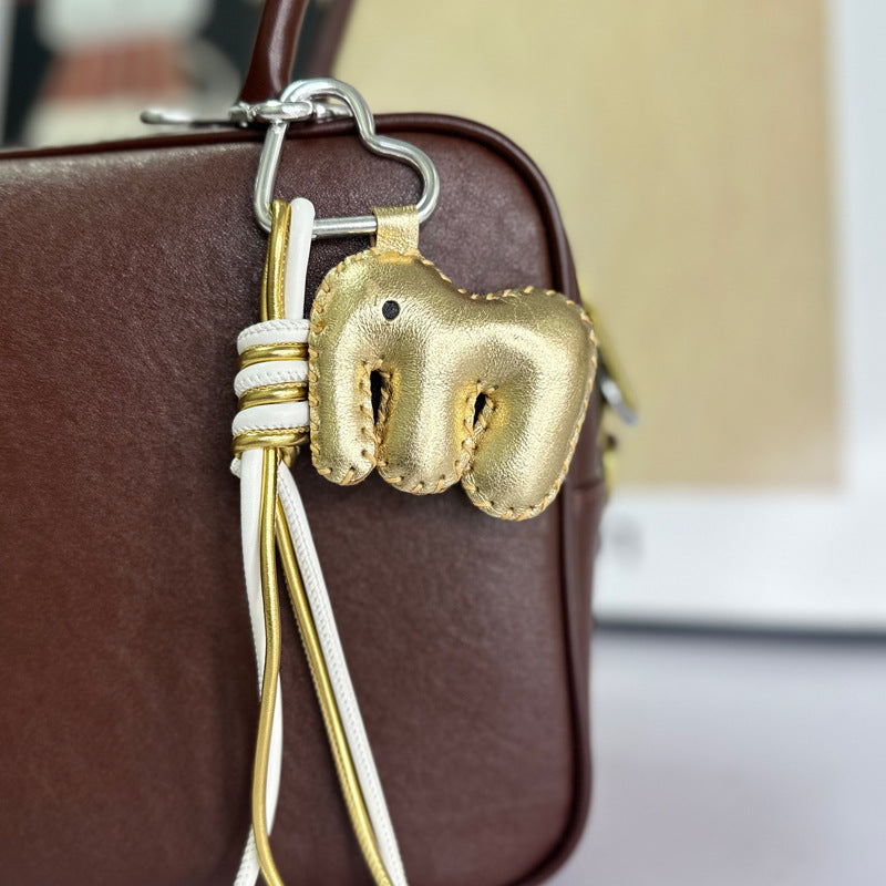 Gold Elephant Leather Bag Charm with White Rope | Luxury Handmade Keychain Wholesale