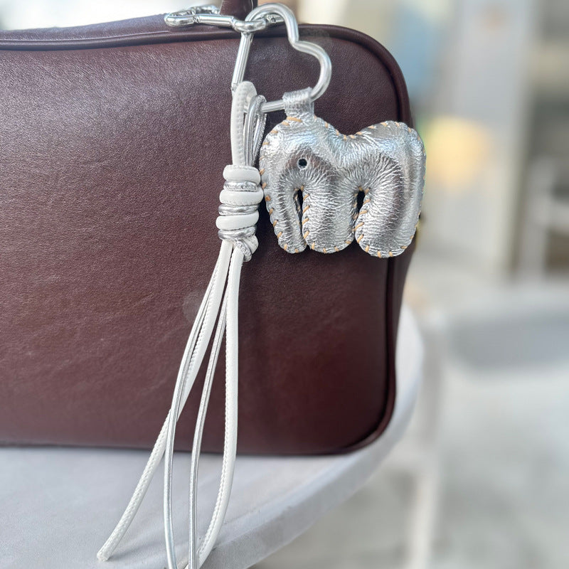 Silver Elephant Leather Bag Charm with White Rope | Handmade Genuine Leather Animal Keychain Wholesale