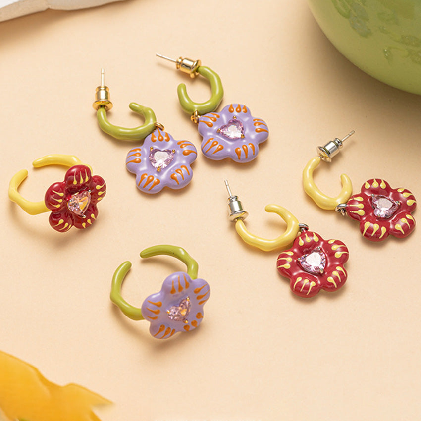 Colorful enamel flower earrings and adjustable ring five piece set