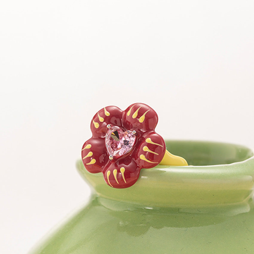 Colorful enamel flower earrings and adjustable ring five piece set
