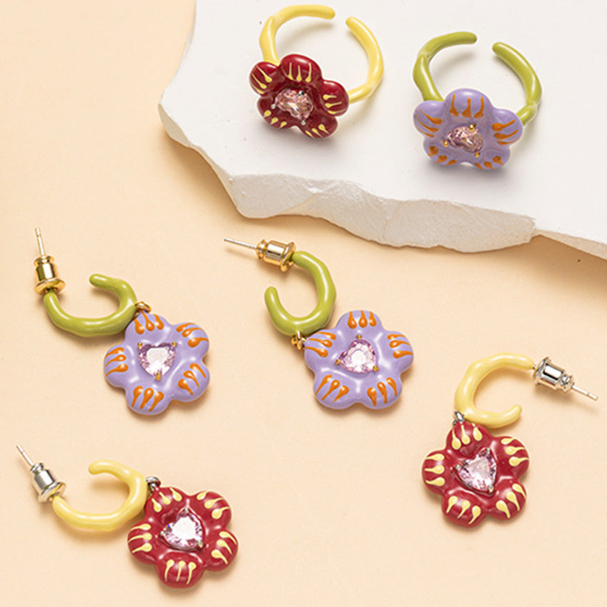 Colorful enamel flower earrings and adjustable ring five piece set
