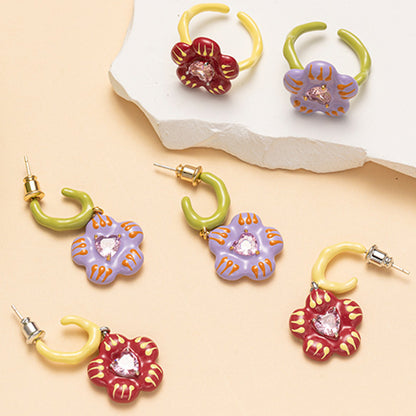 Colorful enamel flower earrings and adjustable ring five piece set