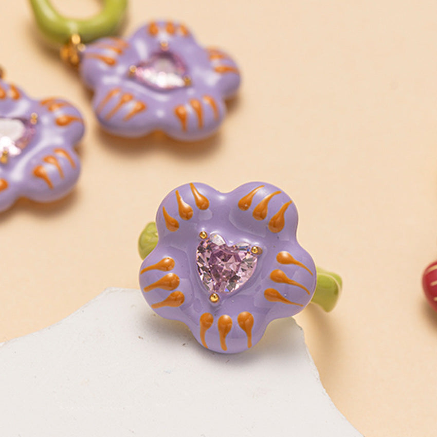 Colorful enamel flower earrings and adjustable ring five piece set