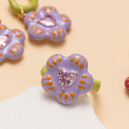 Colorful enamel flower earrings and adjustable ring five piece set