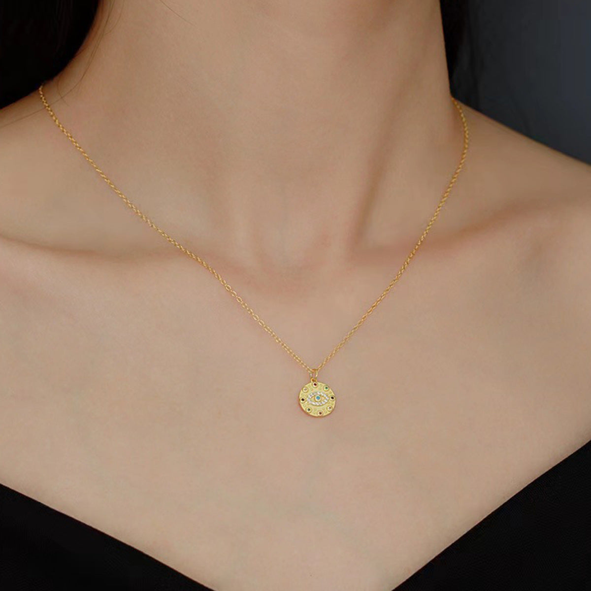 women’s evil eye gold pendant necklace minimalist protection jewelry Black May gift idea