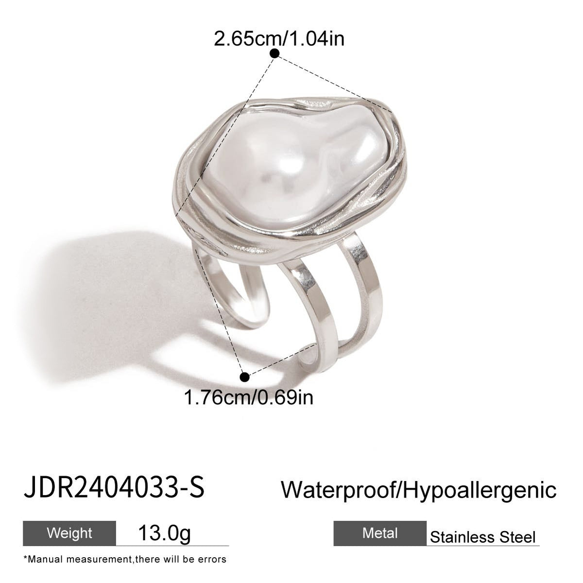 Adjustable stainless steel statement ring with faux baroque pearl or brown accent