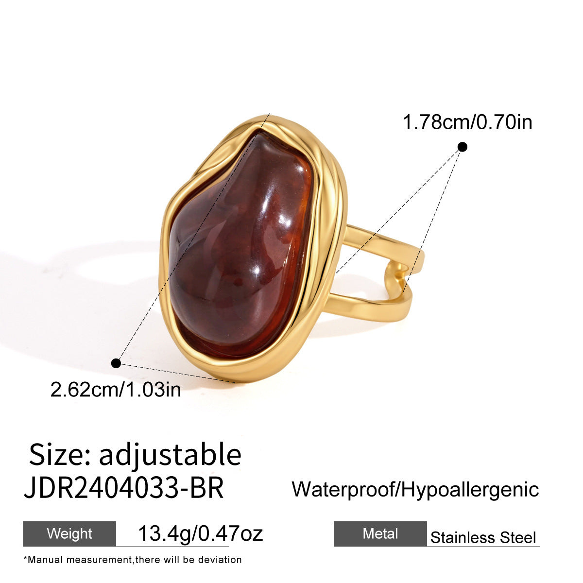 Adjustable stainless steel statement ring with faux baroque pearl or brown accent