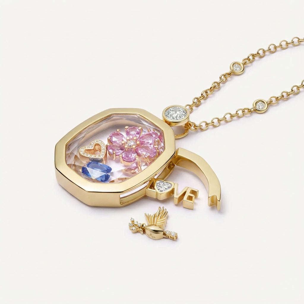 Box chain necklace with pendant openable square glass memory locket with zircon frame and diy charm inserts