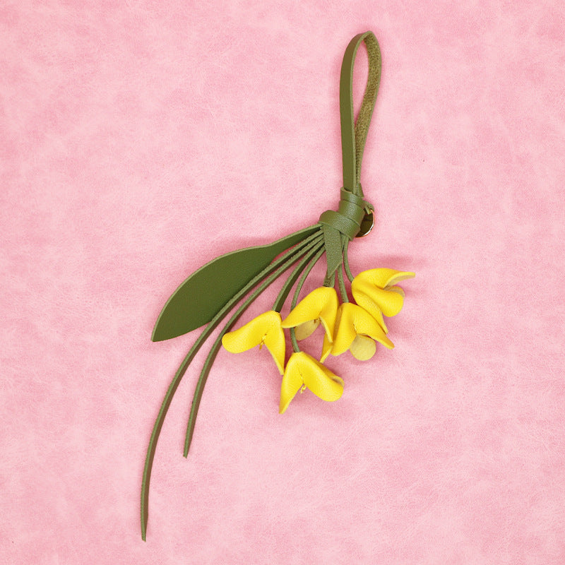 Yellow floral PU leather bag charm keychain with loop strap for wholesale
