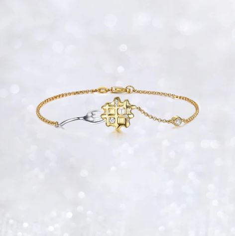 Waffle bracelet charm close up gold tone food design on chain