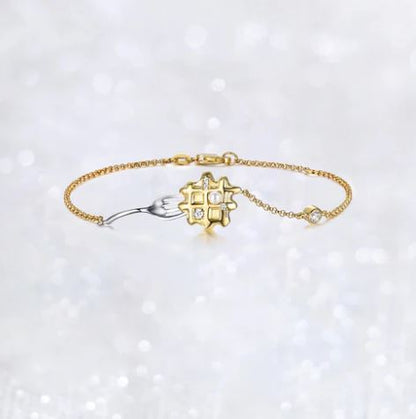 Waffle bracelet charm close up gold tone food design on chain