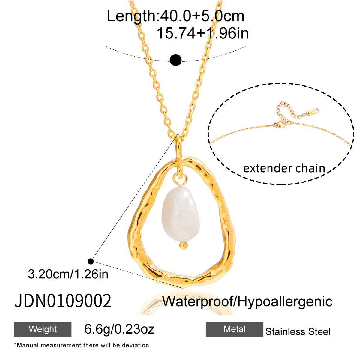 
Gold 316 stainless steel organic frame freshwater pearl necklace with size details