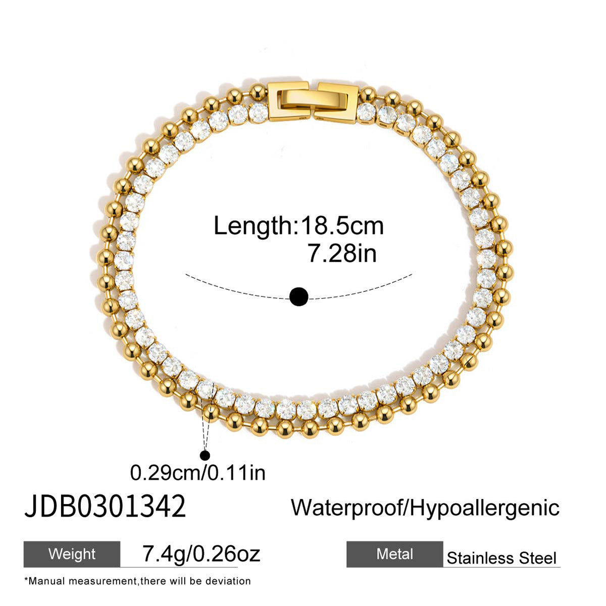 Gold stainless steel double row tennis bracelet with cubic zirconia stones and size details