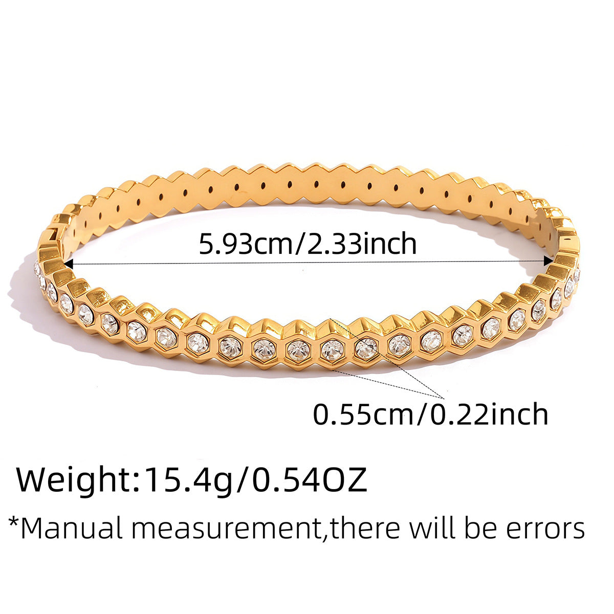 Gold geometric cubic zirconia bangle with hexagon settings and 5.93 cm inner diameter