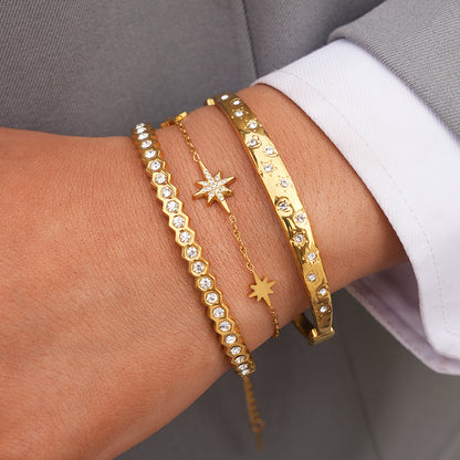 Three gold celestial bracelet styles with crystal bangle and eight point star chain designs