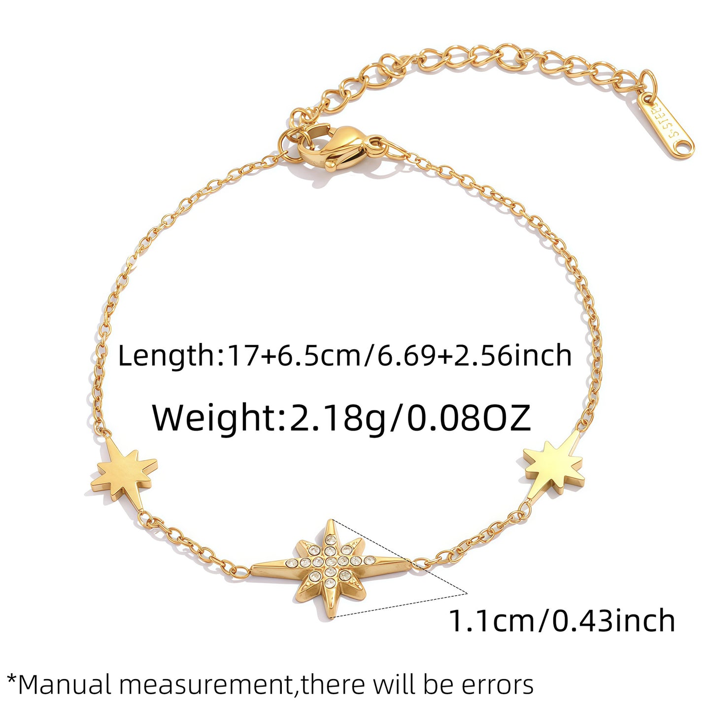 Gold eight point star chain bracelet with clear cubic zirconia centerpiece and adjustable extension