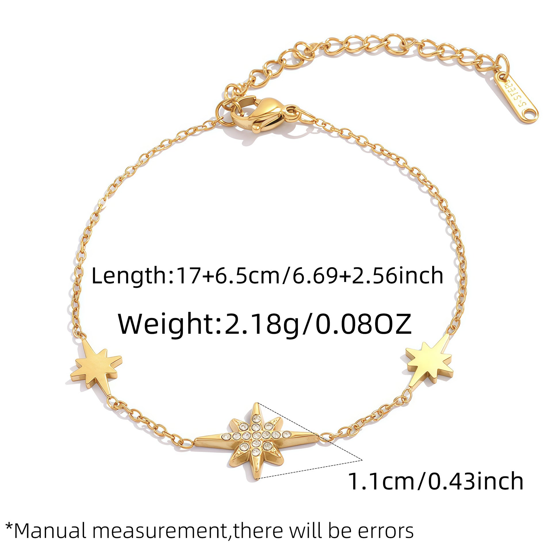 Gold eight point star chain bracelet with clear cubic zirconia centerpiece and adjustable extension