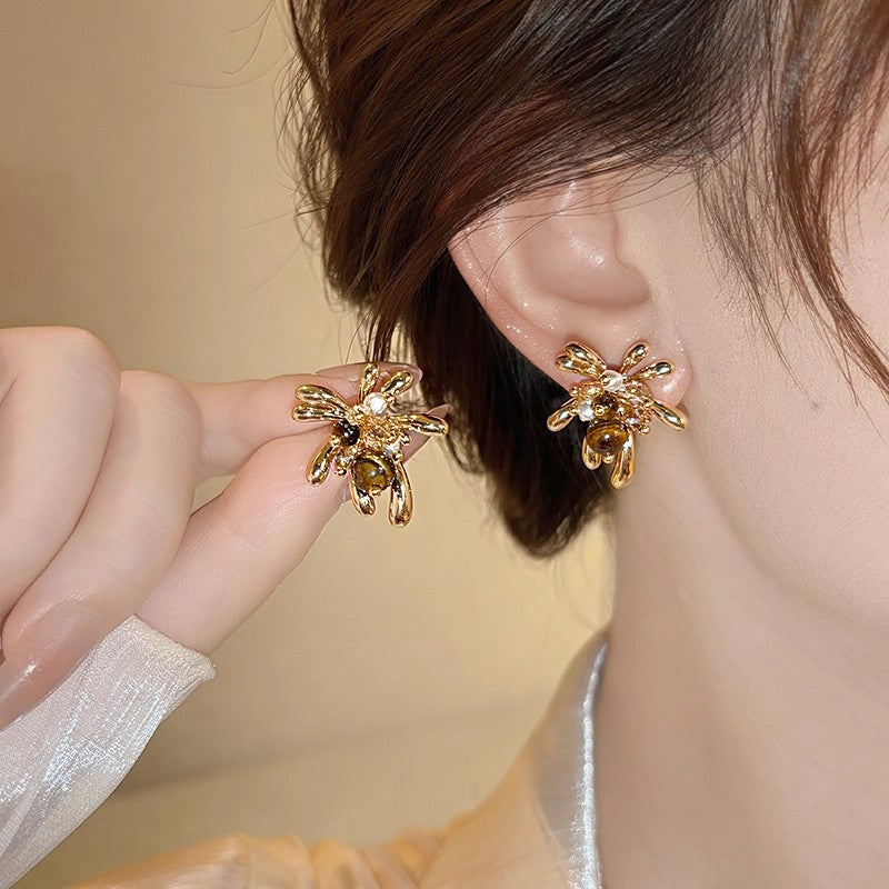 gold floral earrings for women pearl tiger eye elegant style Black May