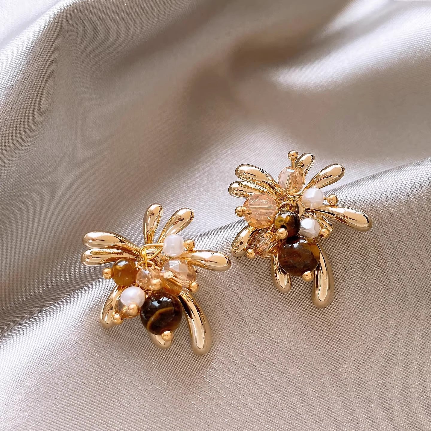 gold floral earrings pearl tiger eye cluster style Black May