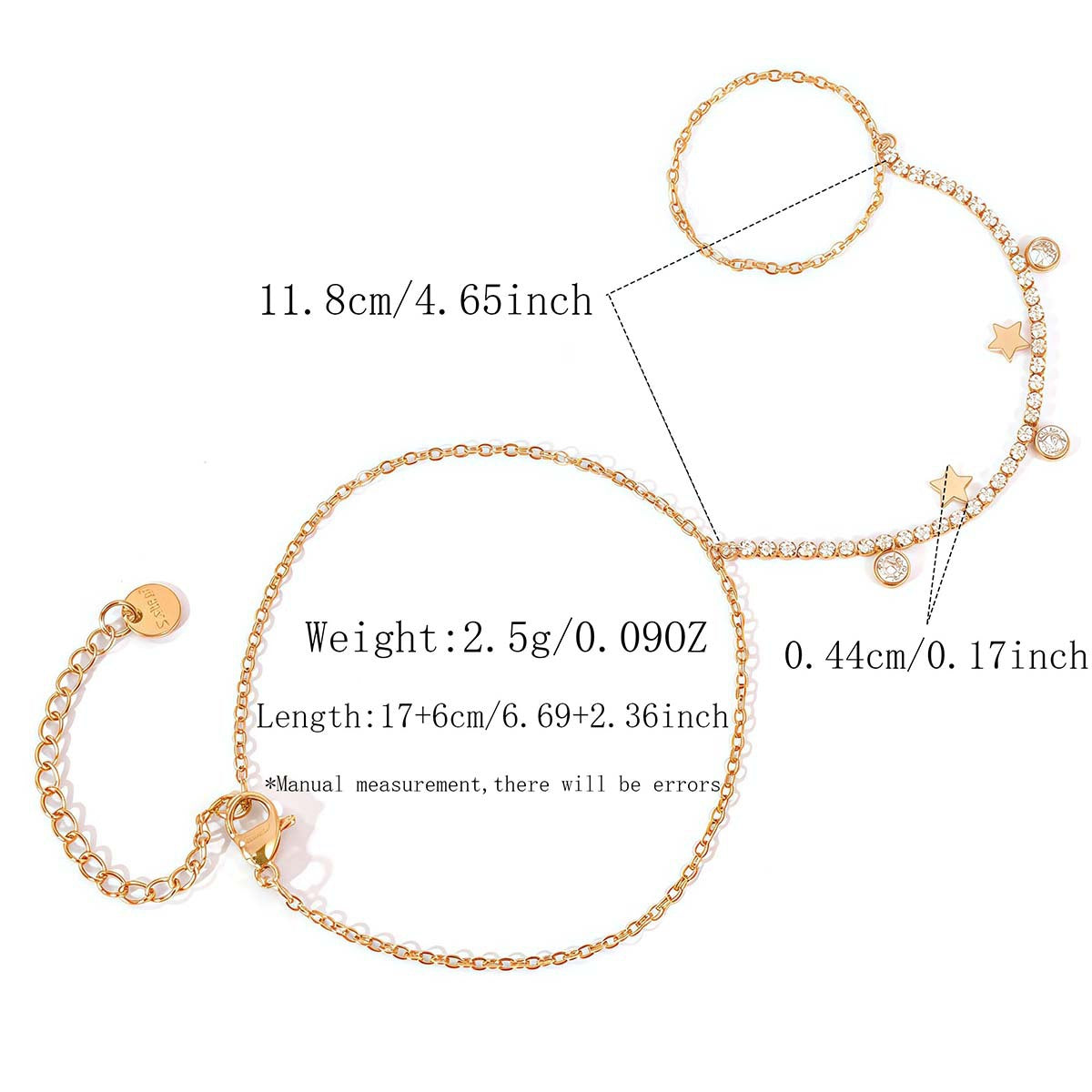 Close up of a gold hand chain bracelet with star charms and round cubic zirconia accents