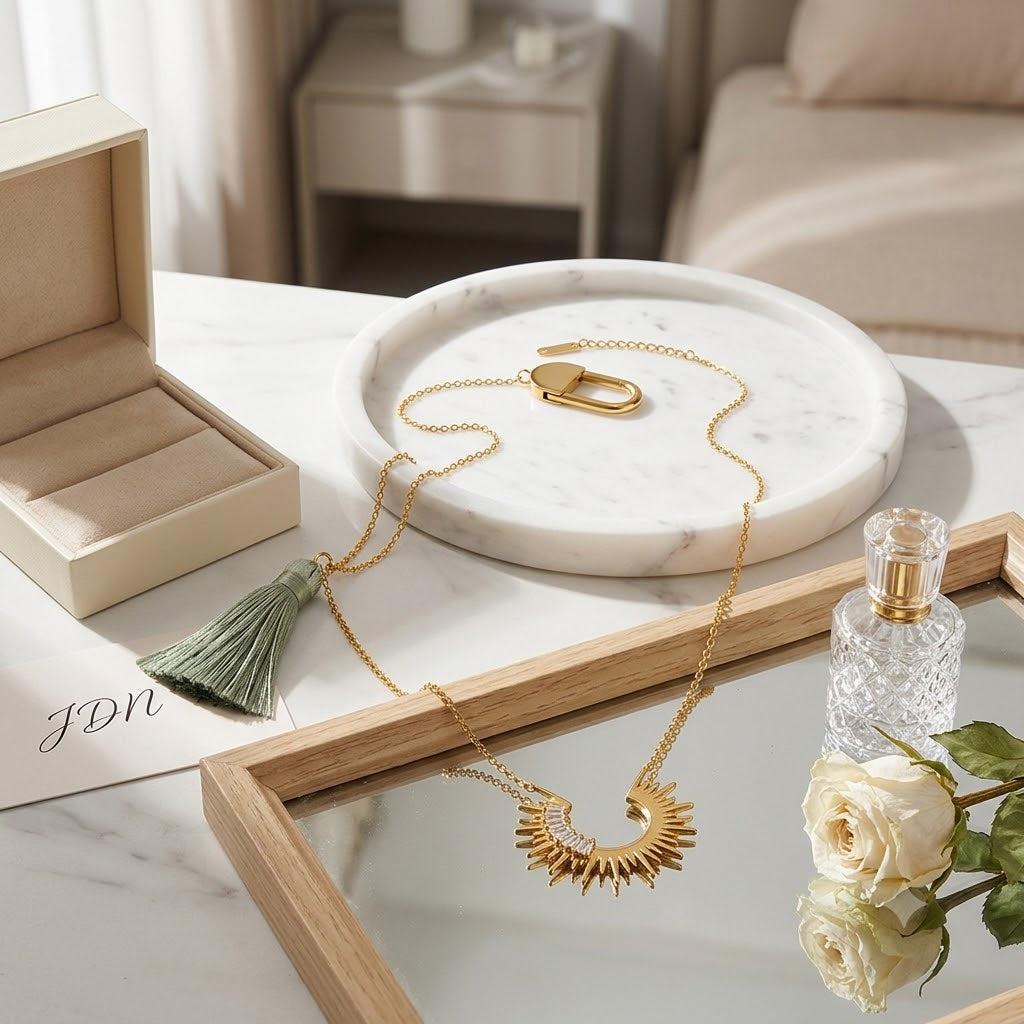 Gold crescent sunburst cubic zirconia necklace displayed 