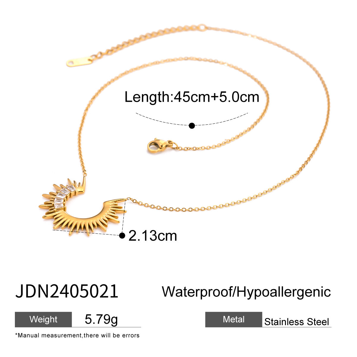 Gold stainless steel sunburst crescent necklace with 45 cm chain and pendant measurements