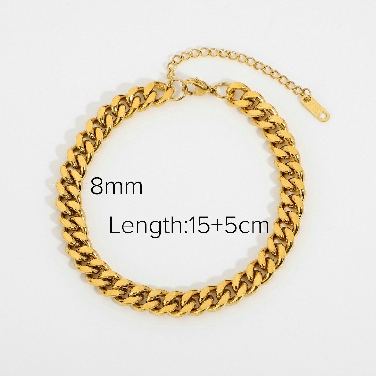 Gold titanium steel curb chain bracelet with 8 mm width and adjustable 15 plus 5 cm length