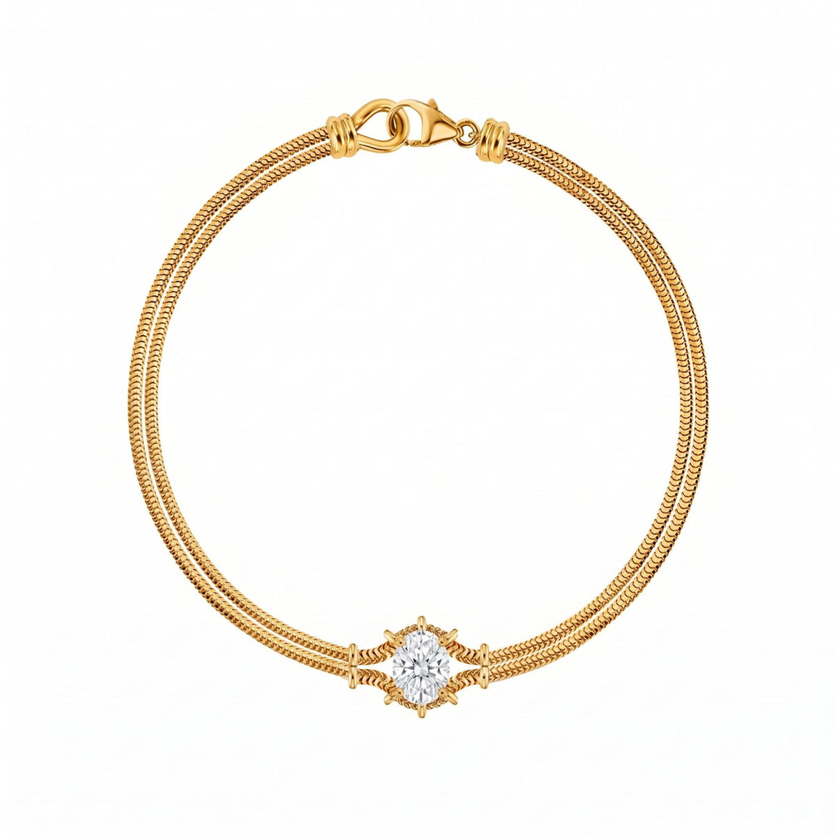 Oval cubic zirconia double snake chain stainless steel bracelet