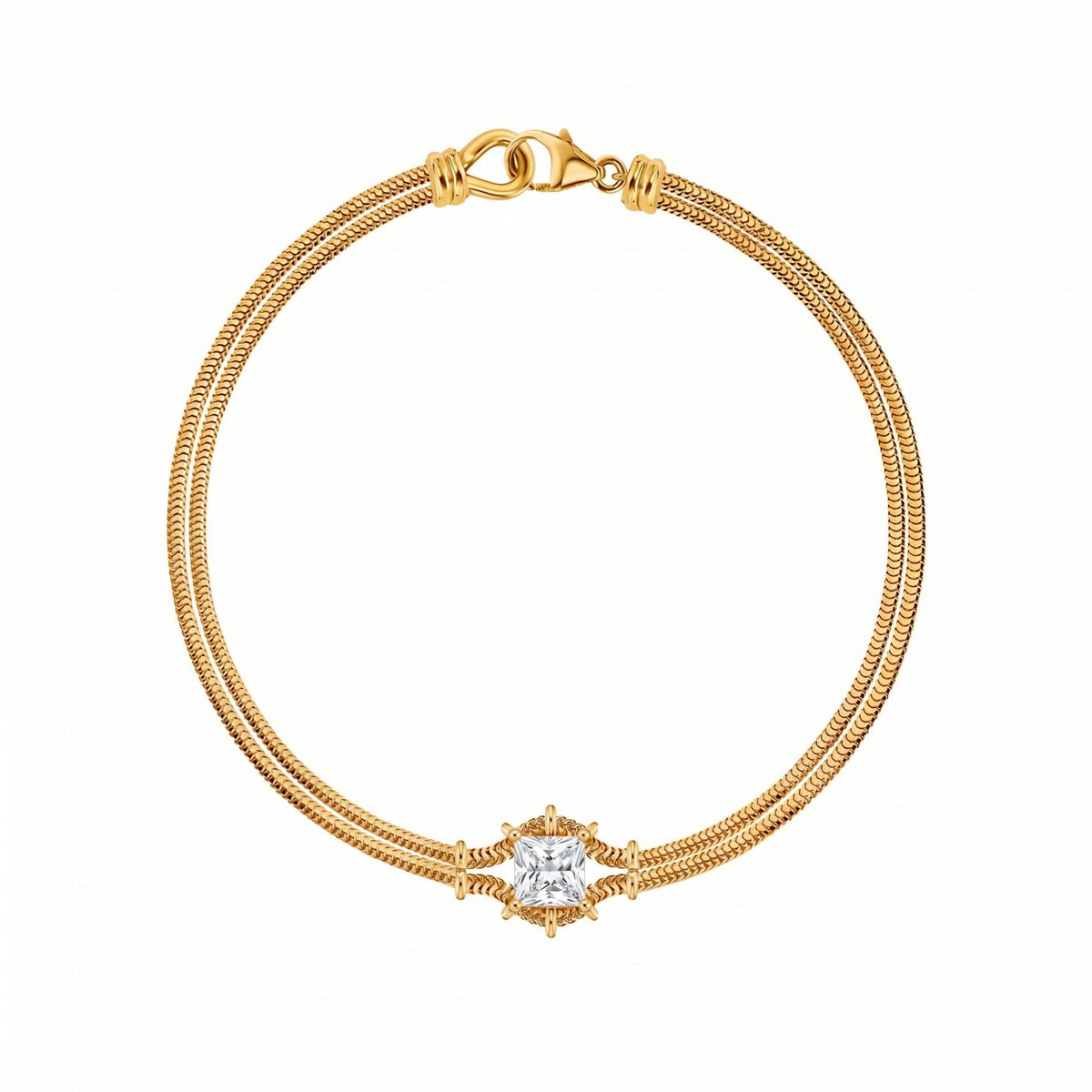 Square cubic zirconia double snake chain stainless steel bracelet