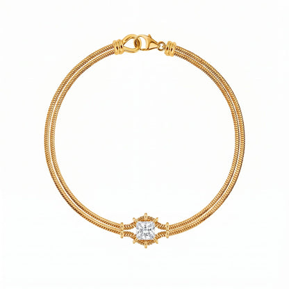 Square cubic zirconia double snake chain stainless steel bracelet