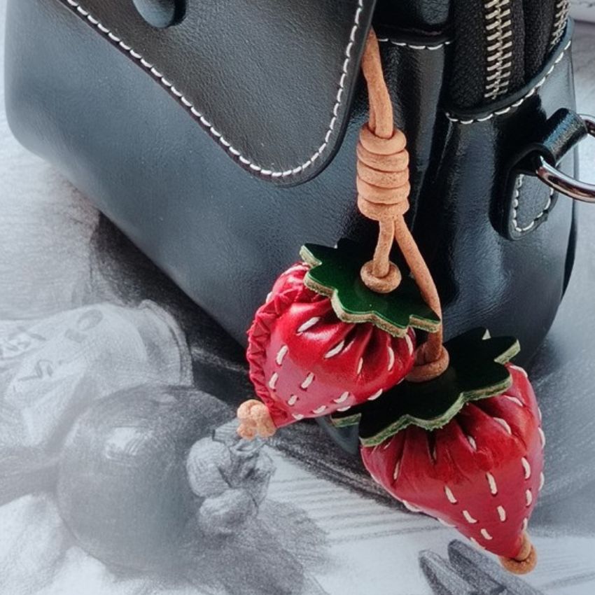 Handmade Strawberry Leather Keychain — Genuine Leather Bag Charm Wholesale Cute Gift Idea for Girls