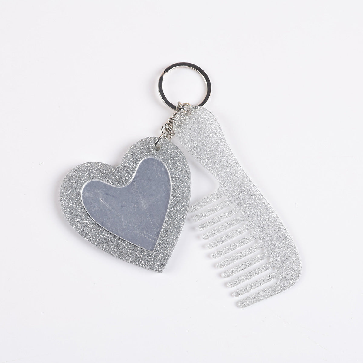 heart mirror keychain - Shimmering silver fine glitter heart mirror and comb
