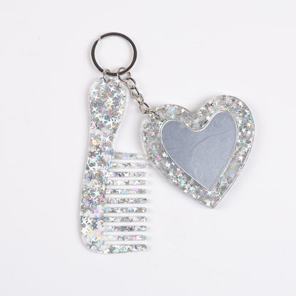 heart mirror keychain - Silver holographic star glitter heart mirror and comb