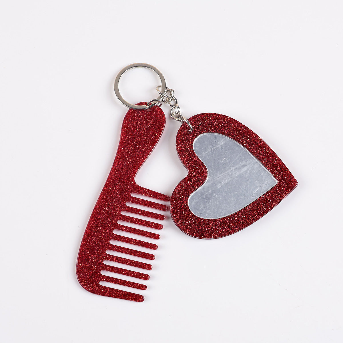 heart mirror keychain - Ruby red sparkling glitter heart mirror and comb