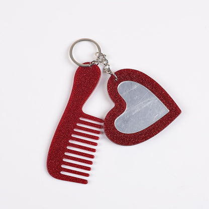 heart mirror keychain - Ruby red sparkling glitter heart mirror and comb