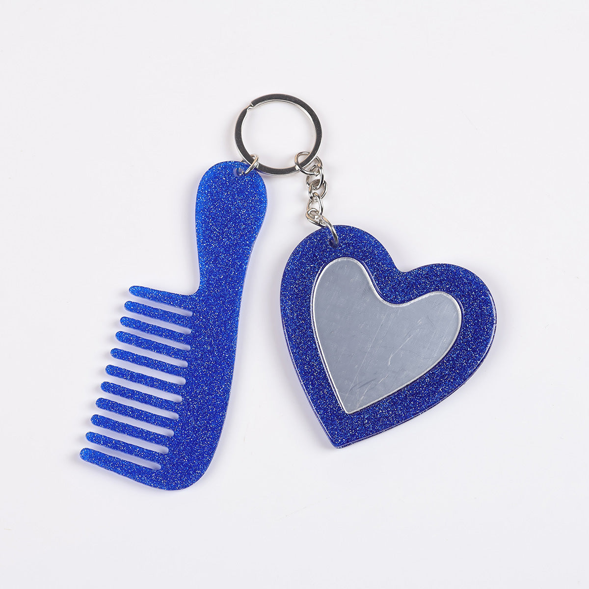 heart mirror keychain - Royal blue glitter heart mirror and comb set