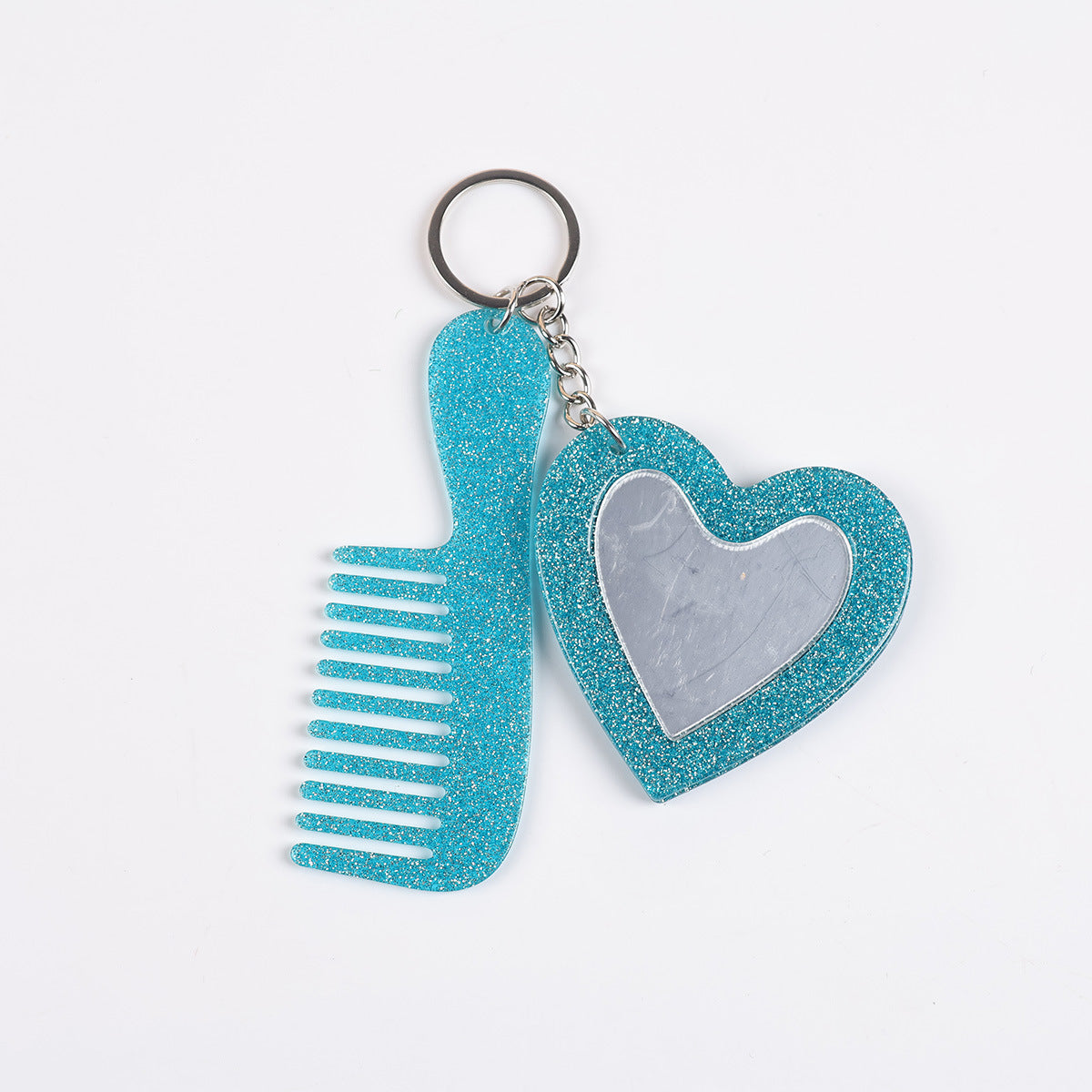 heart mirror keychain - Aqua teal glitter texture heart mirror and comb set