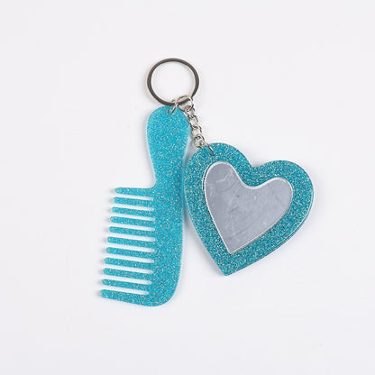 heart mirror keychain - Aqua teal glitter texture heart mirror and comb set