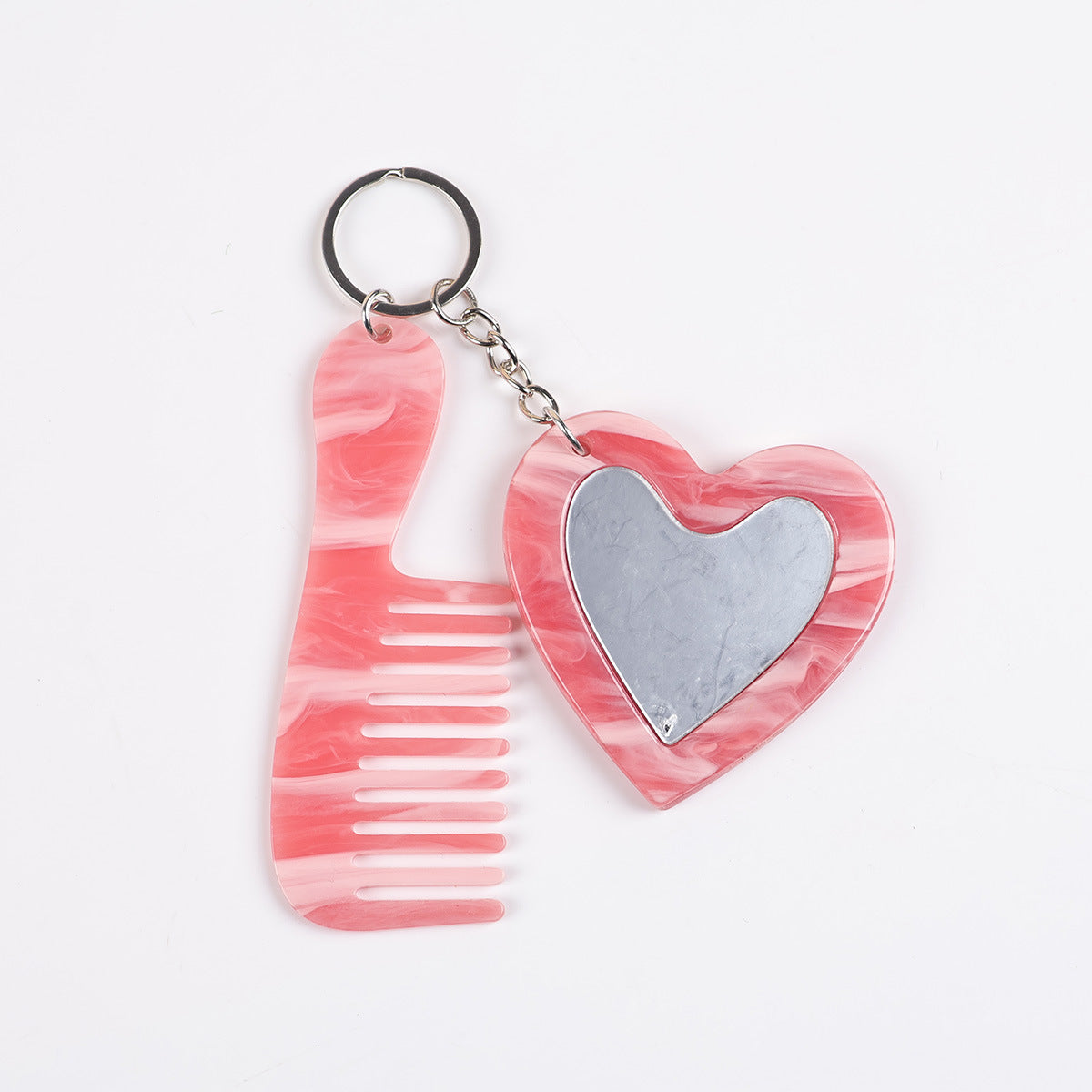 heart mirror keychain - Pink cloud marble effect heart mirror and comb