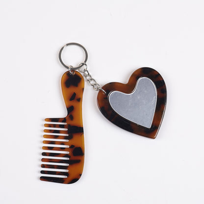 heart mirror keychain - Classic brown tortoiseshell heart mirror and comb set