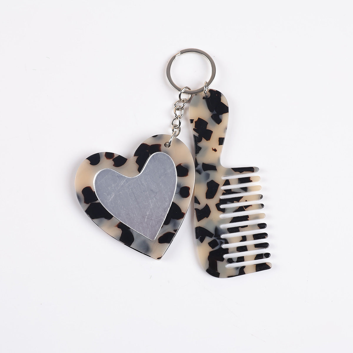 heart mirror keychain - Cream tortoiseshell pattern heart mirror and comb