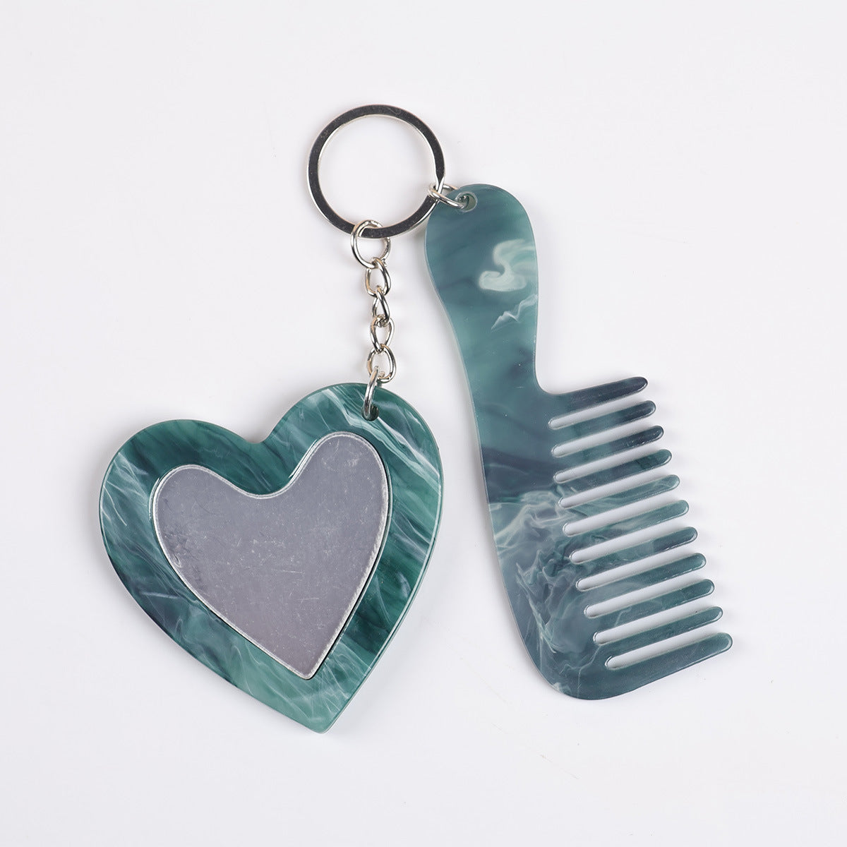 heart mirror keychain - Emerald green marble texture heart mirror and comb