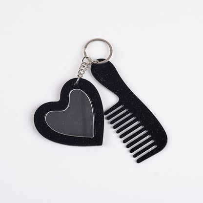 heart mirror keychain - Sparkling obsidian black heart mirror and comb set