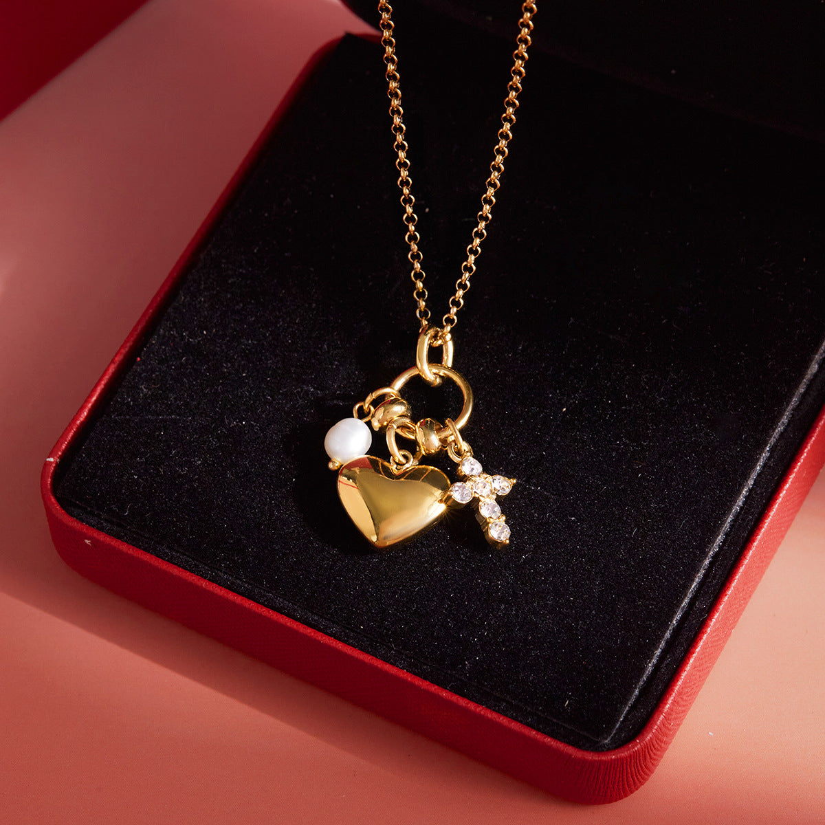 Stainless steel heart and freshwater pearl charm necklace in gift box