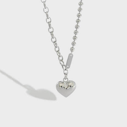 Silver heart necklace with half beaded and half chunky chain, designed for minimalist jewelry wholesale and daily wear.