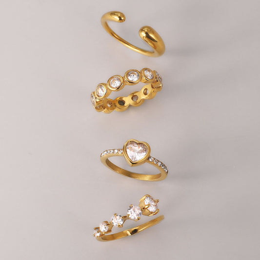Wholesale five piece stainless steel ring set with heart zircon and round zircon bands