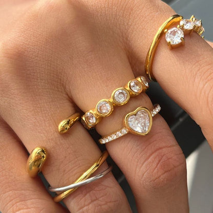 Five piece gold tone stainless steel ring set with heart zircon open ring and layered band